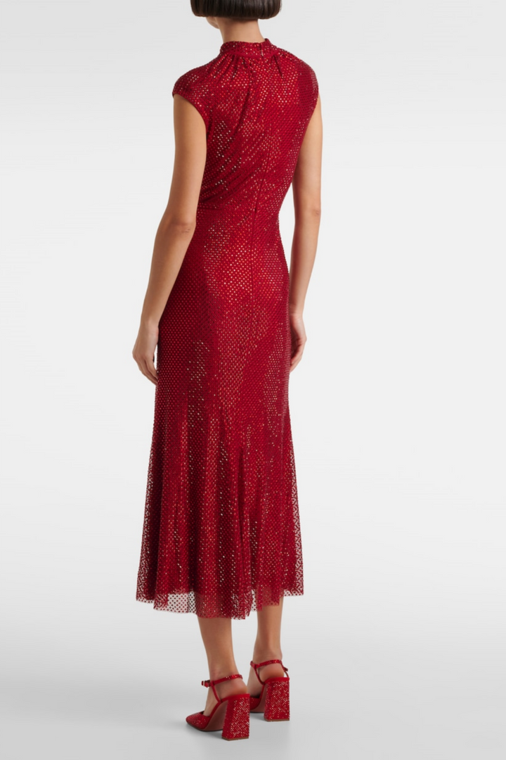 Sharrie Flower Rhinestone Embellished Fishnet Midi Dress - Stellouette