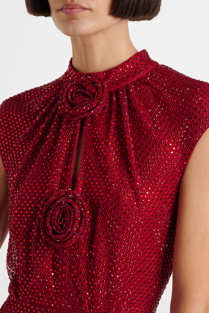 Sharrie Flower Rhinestone Embellished Fishnet Midi Dress - Stellouette
