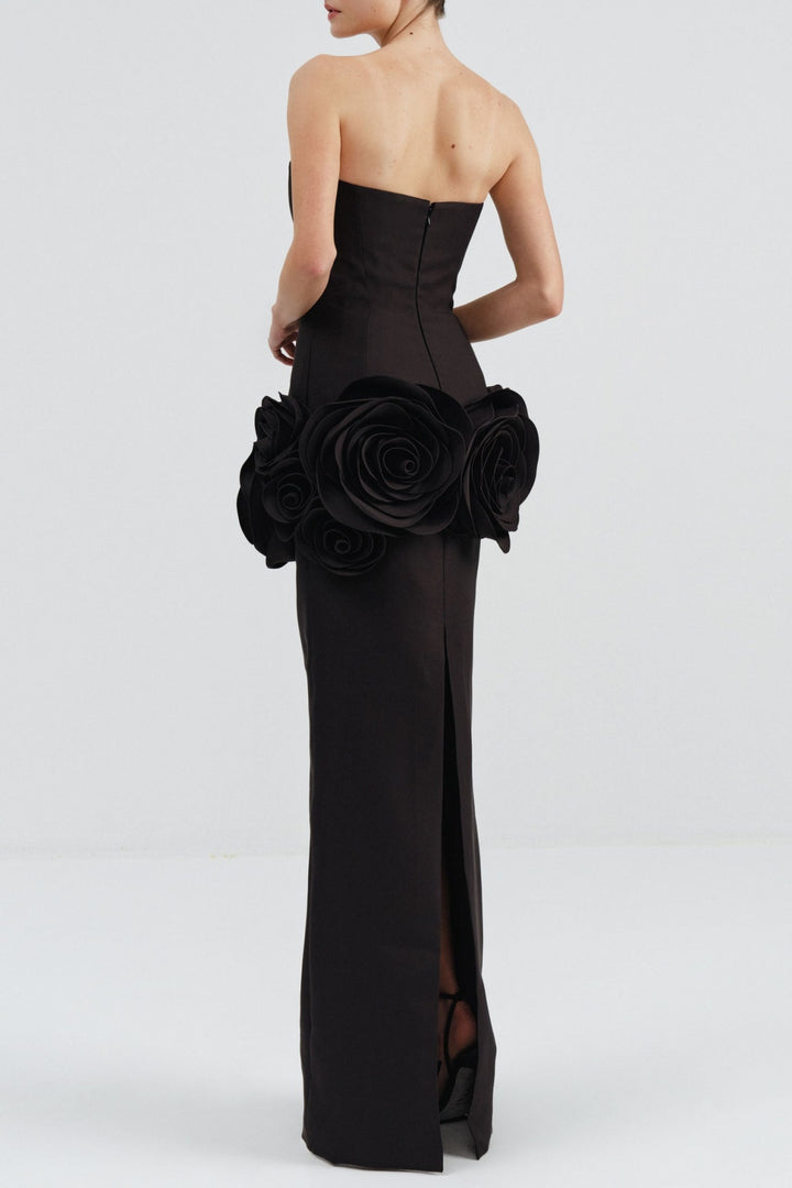 Sherise Floral Appliqué Strapless Maxi Bandage Dress - Black - Stellouette