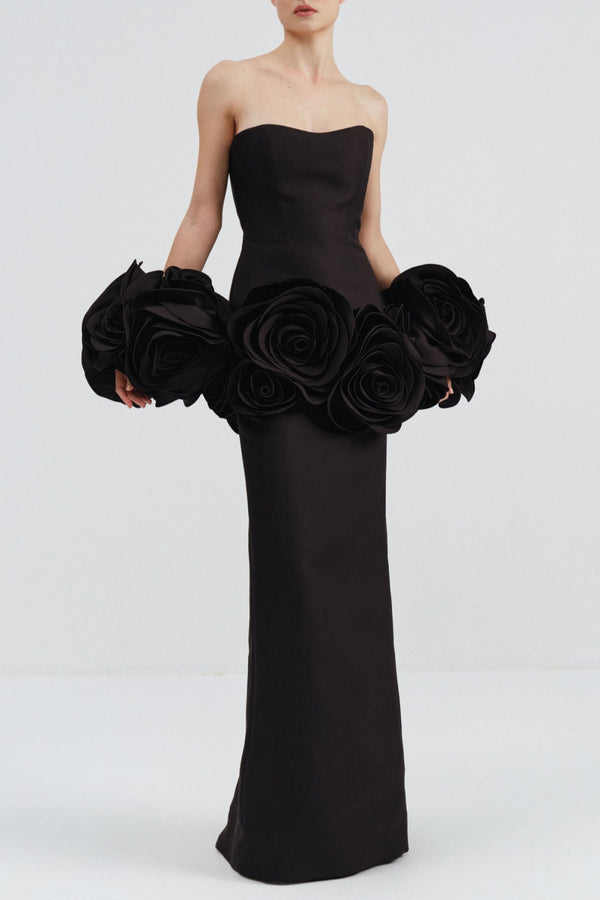 Sherise Floral Appliqué Strapless Maxi Bandage Dress - Black - Stellouette