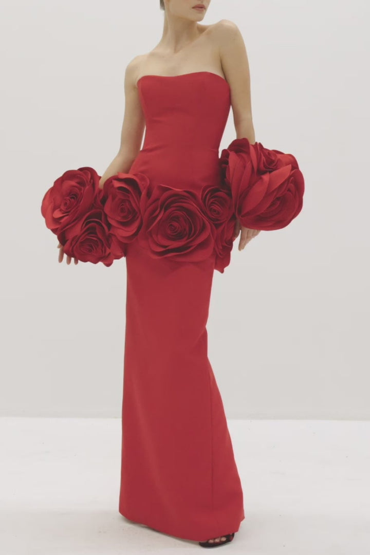 Sherise Floral Appliqué Strapless Maxi Bandage Dress - Red - Stellouette