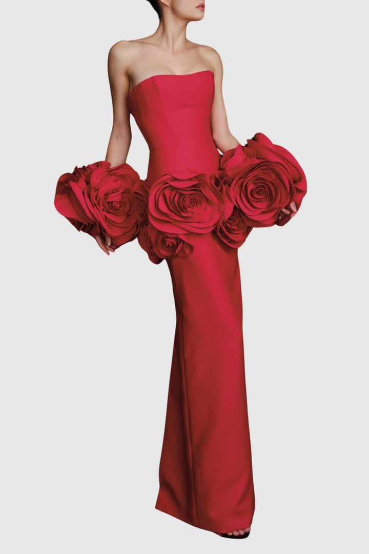 Sherise Floral Appliqué Strapless Maxi Bandage Dress - Red - Stellouette
