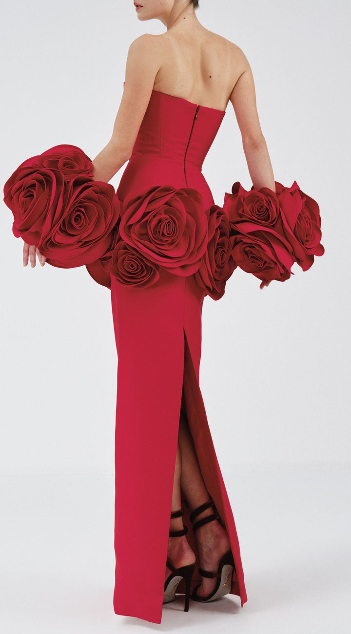 Sherise Floral Appliqué Strapless Maxi Bandage Dress - Red - Stellouette