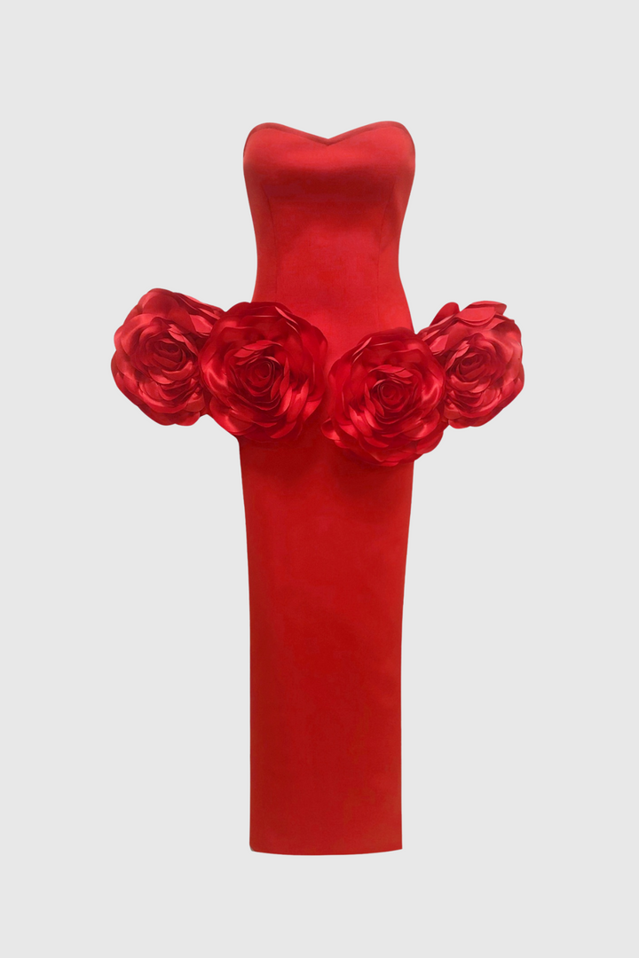 Sherise Floral Appliqué Strapless Maxi Bandage Dress - Red - Stellouette