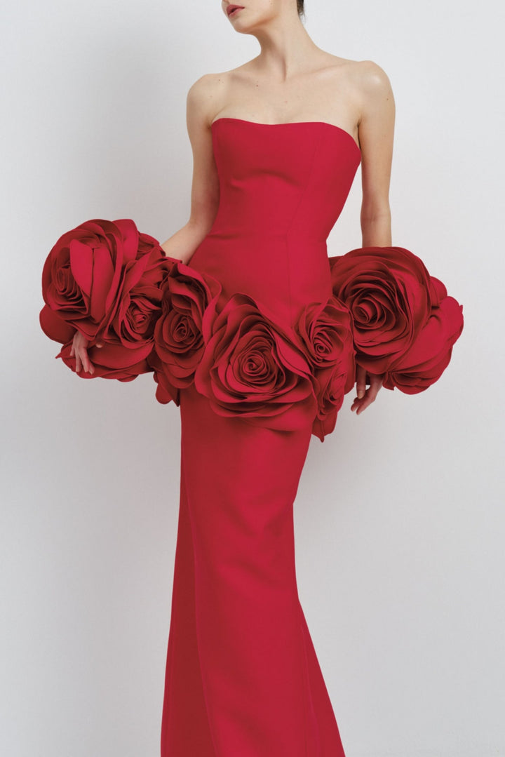 Sherise Floral Appliqué Strapless Maxi Bandage Dress - Red - Stellouette