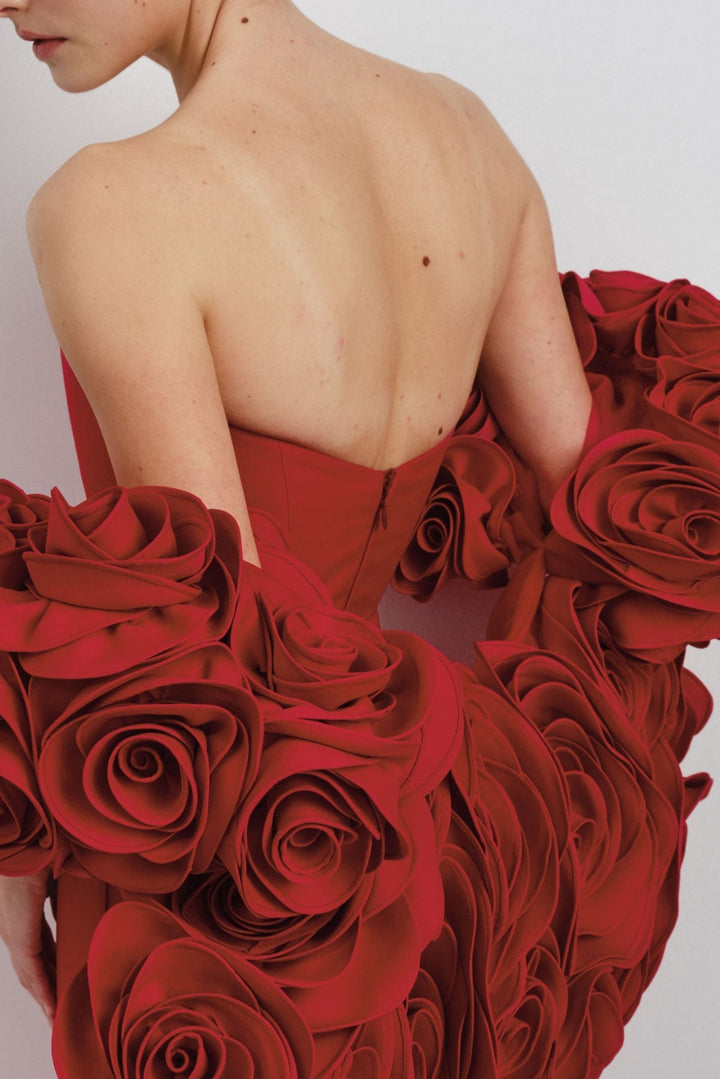 Sherise Floral Appliqué Strapless Maxi Bandage Dress - Red - Stellouette