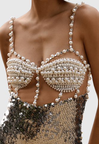 Sibilia Sequin Pearl Embellished Midi Bandage Dress