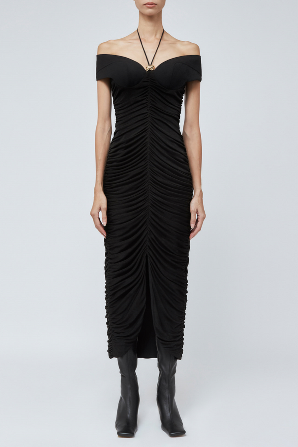 Taron Spaghetti Strap Asymmetric Pleat Maxi Dress