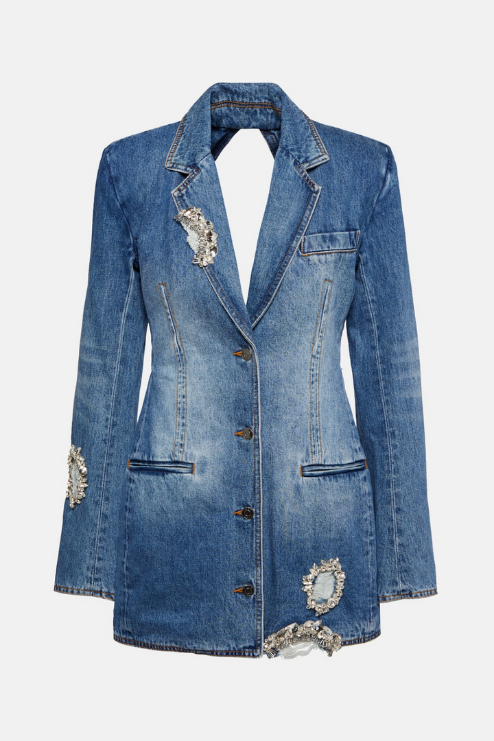 Taton Crystal Embellished Cutout Denim Blazer - Stellouette