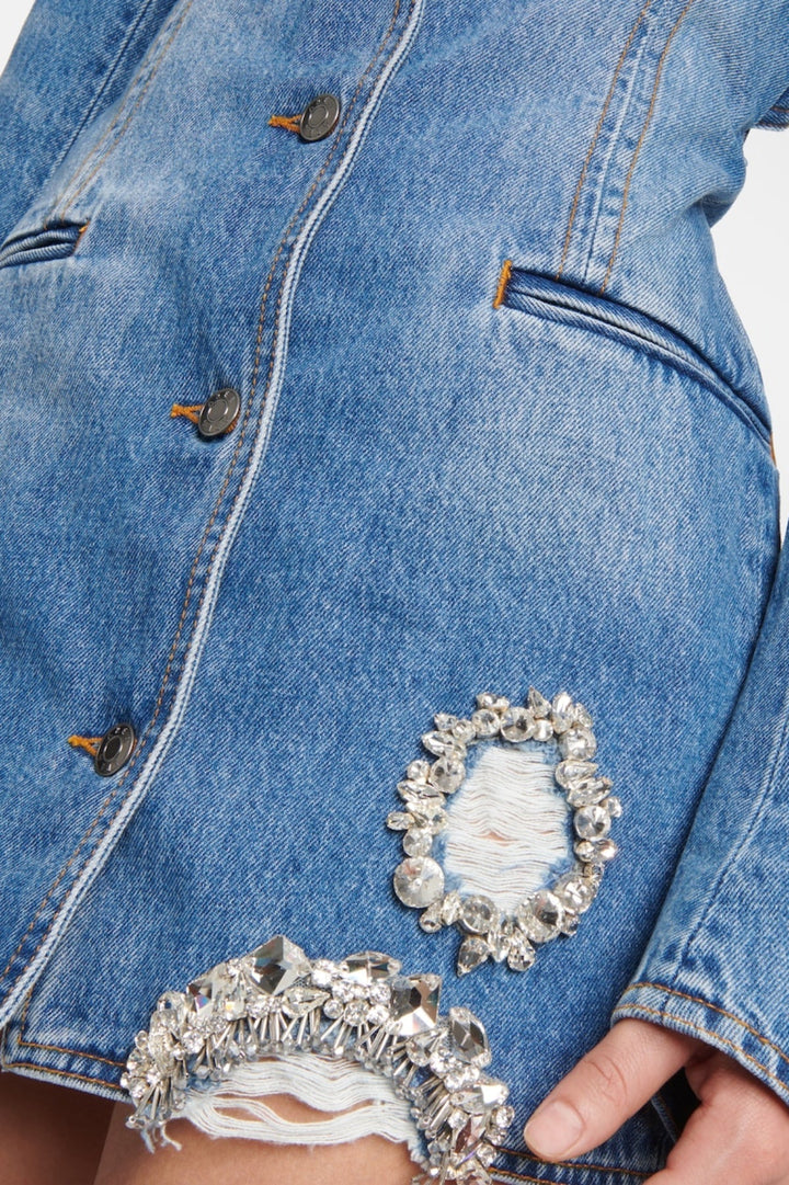 Taton Crystal Embellished Cutout Denim Blazer - Stellouette