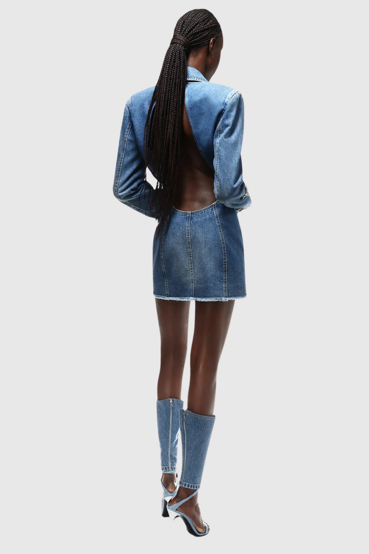 Taton Crystal Embellished Cutout Denim Blazer - Stellouette