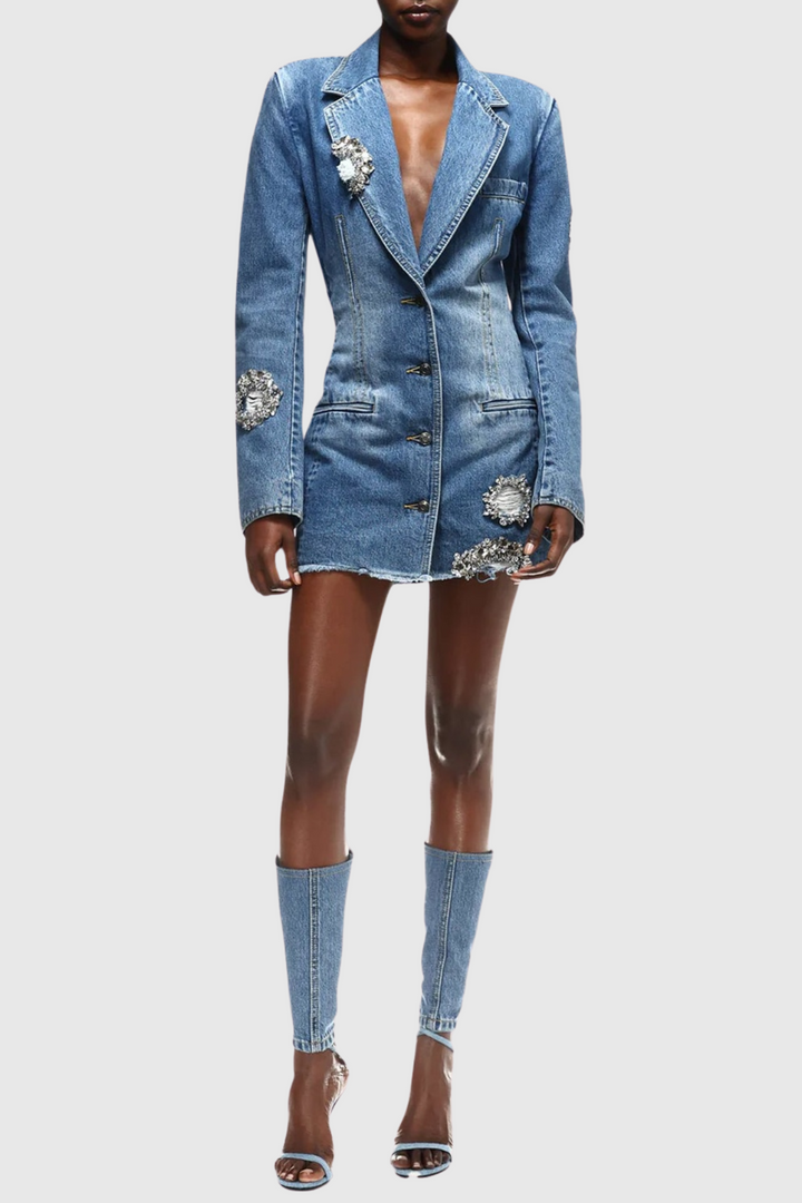 Taton Crystal Embellished Cutout Denim Blazer - Stellouette