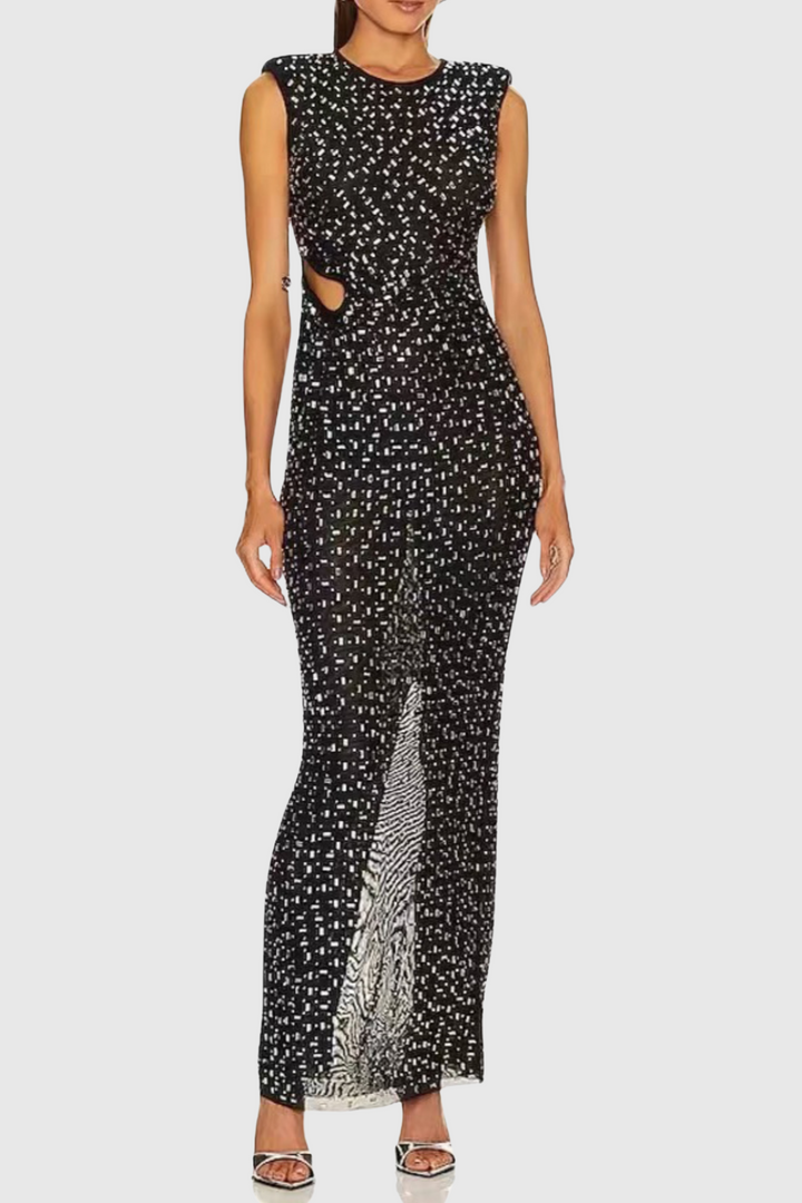 Teryl Rhinestone Embellished Cutout Mesh Maxi Dress - Stellouette