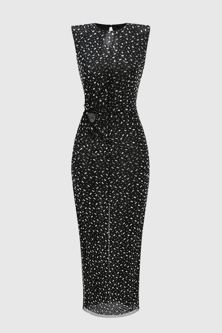 Teryl Rhinestone Embellished Cutout Mesh Maxi Dress - Stellouette