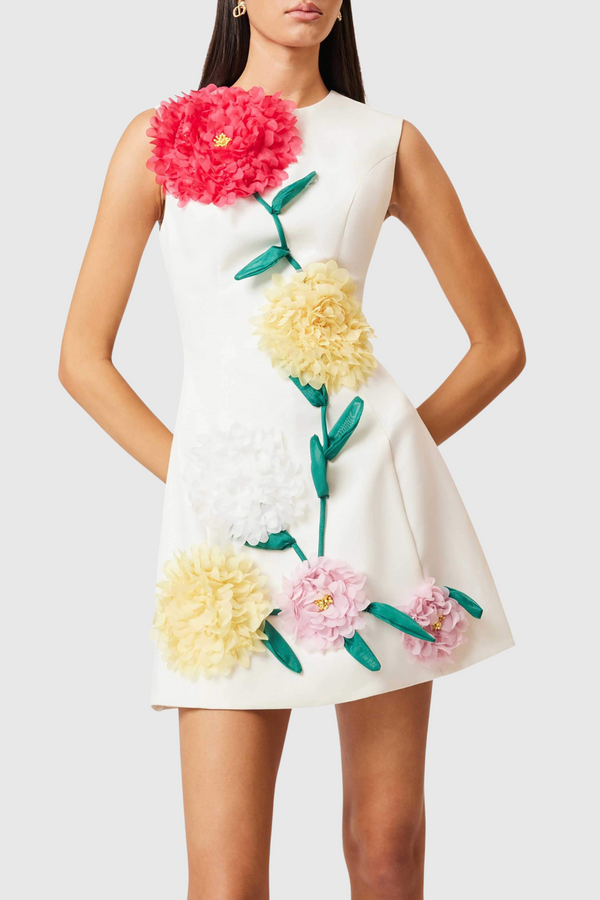 Trevia Floral Appliqué Sleeveless Mini Dress - White