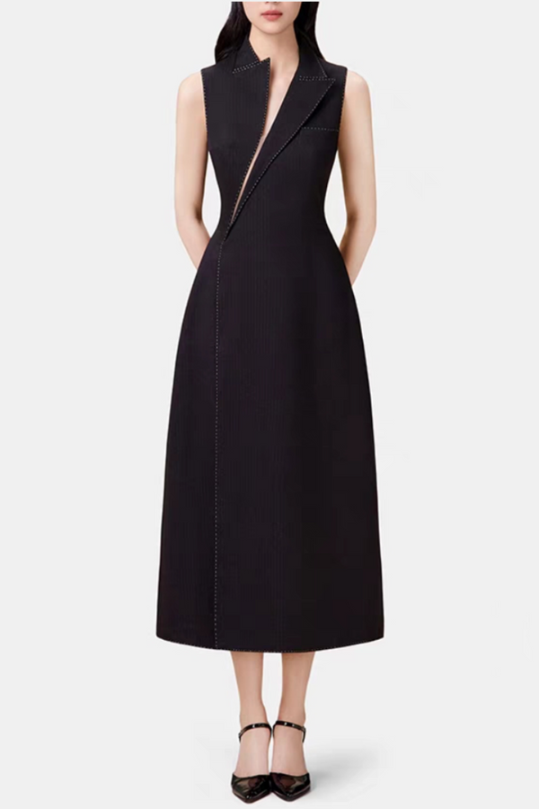Vequa Asymmetric Collar Sleeveless Midi Dress - Black