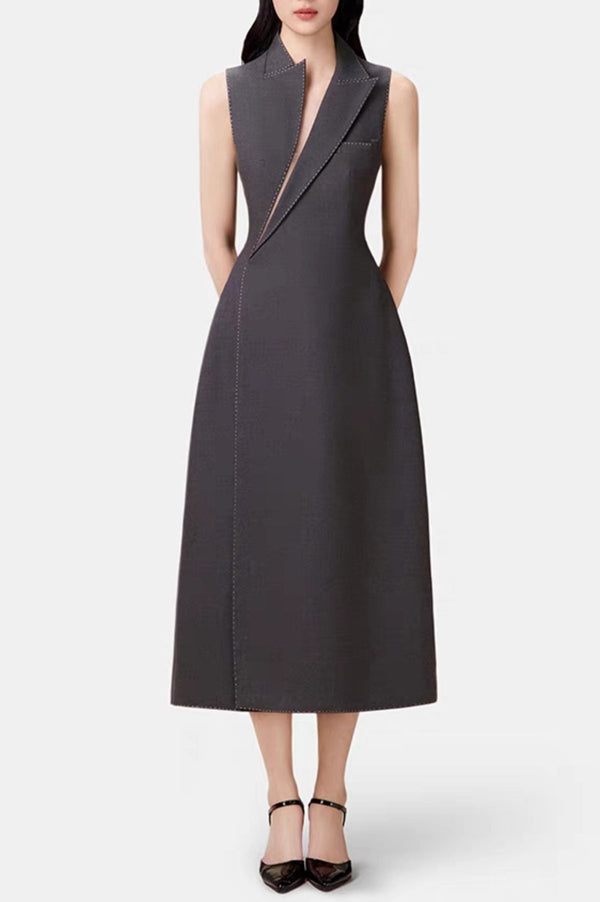 Vequa Asymmetric Collar Sleeveless Midi Dress - Grey