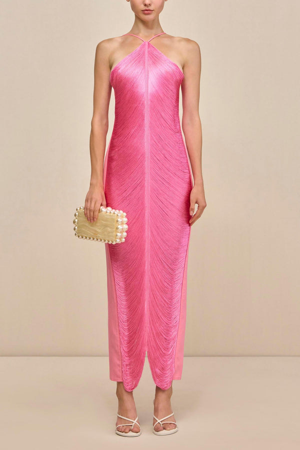 Veroty Halter Fringe Maxi Dress - Pink
