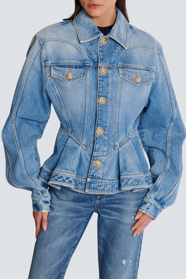 Ogana Gold Buttoned Pleated Denim Jacket - Stellouette