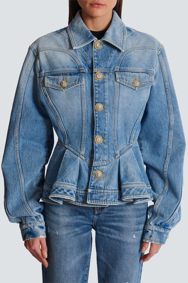 Ogana Gold Buttoned Pleated Denim Jacket - Stellouette