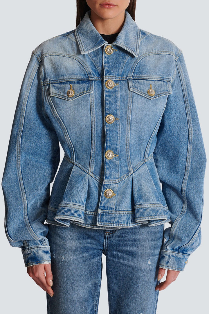 Ogana Gold Buttoned Pleated Denim Jacket - Stellouette