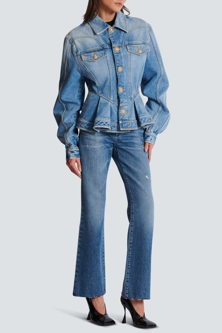 Ogana Gold Buttoned Pleated Denim Jacket - Stellouette