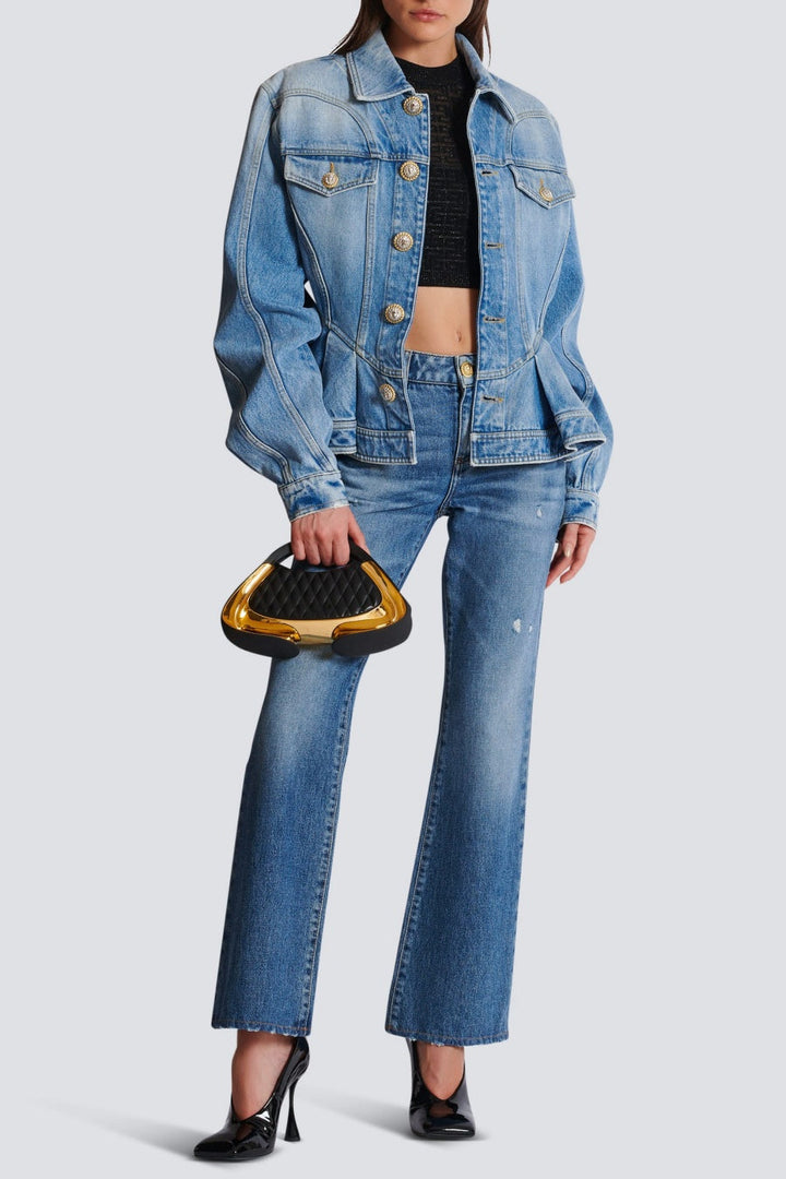 Ogana Gold Buttoned Pleated Denim Jacket - Stellouette