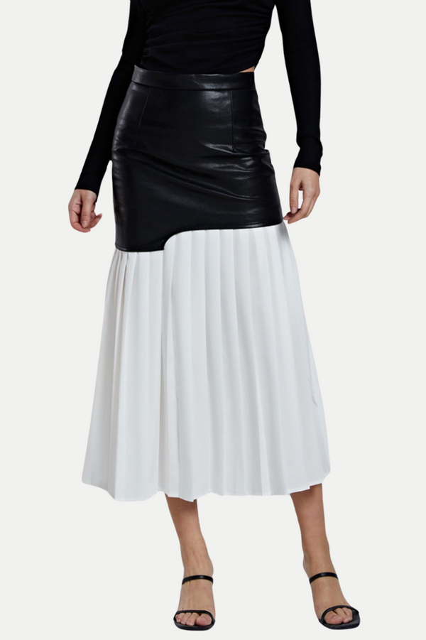 Zenobia Pleated Leather Midi Skirt - White - Stellouette