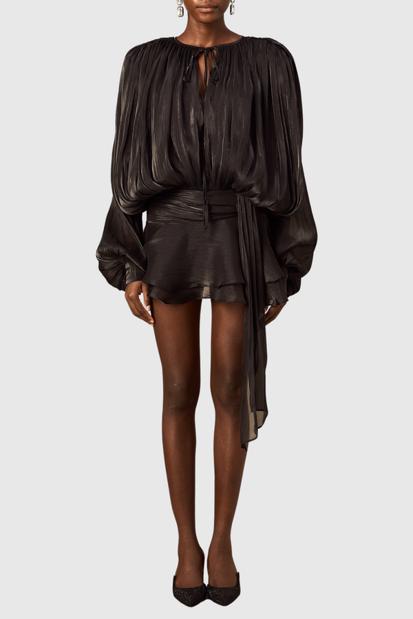 Zerina Hollow Long Sleeve Flounce Mini Dress - Black