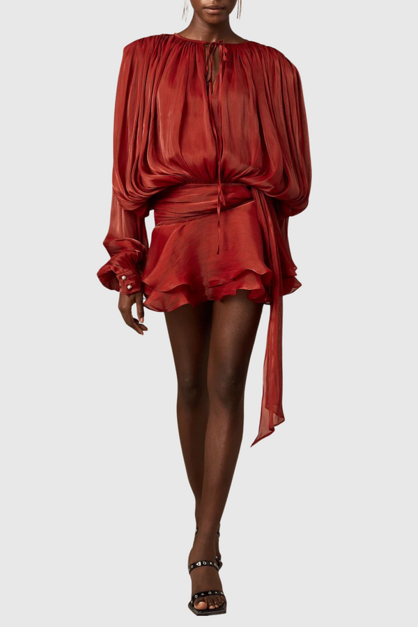 Zerina Hollow Long Sleeve Flounce Mini Dress - Red