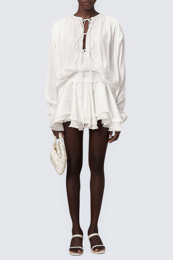 Zerina Hollow Long Sleeve Flounce Mini Dress - White