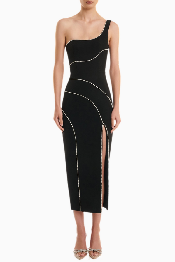 Zoraida Diamante Mesh One Shoulder Split Maxi Bandage Dress
